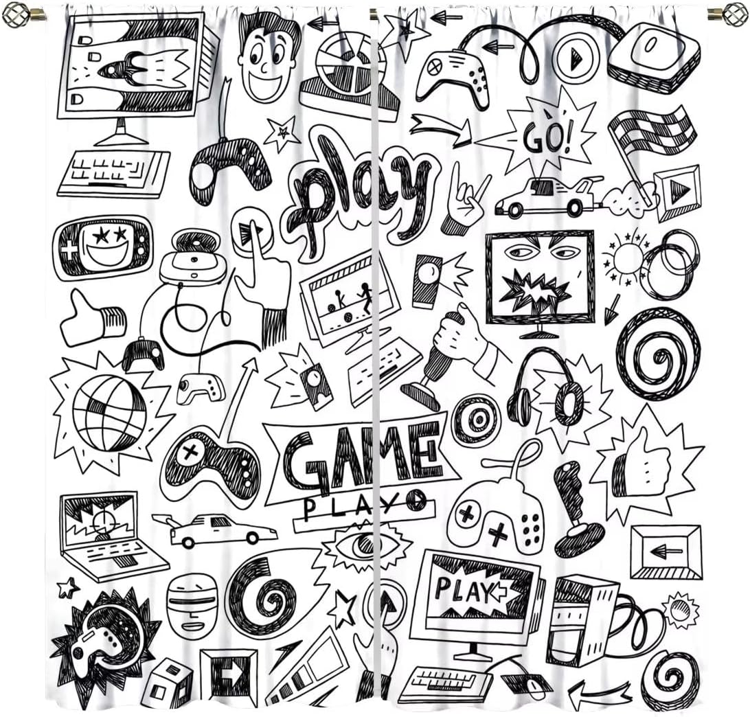 Retro Gaming Youtube - ゲームビデオゲームカーテン装飾ゲーマールーム窓ブラインドレトロアーケードコミックスケッチポリエステルホームアクセント用品